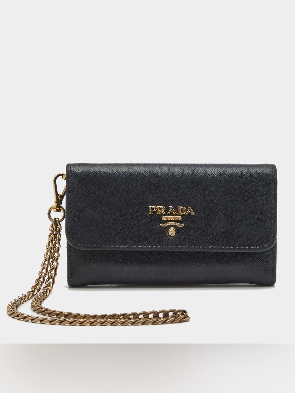 Prada Black Saffiano Leather Chain Clutch with Gold Hardware